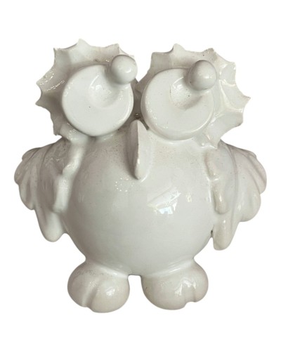 Scultura di civetta bianca in ceramica artistica per bomboniere ed eventi, pezzo unico con marchio registrato, Handmade in Italy