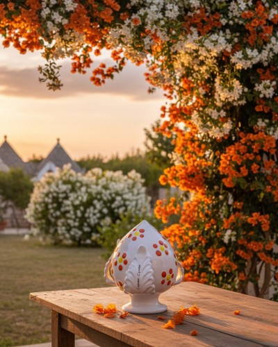 Bomboniera Pumo Poz Studio con decoro fiori arancio in ambientazione tipica pugliese al tramonto