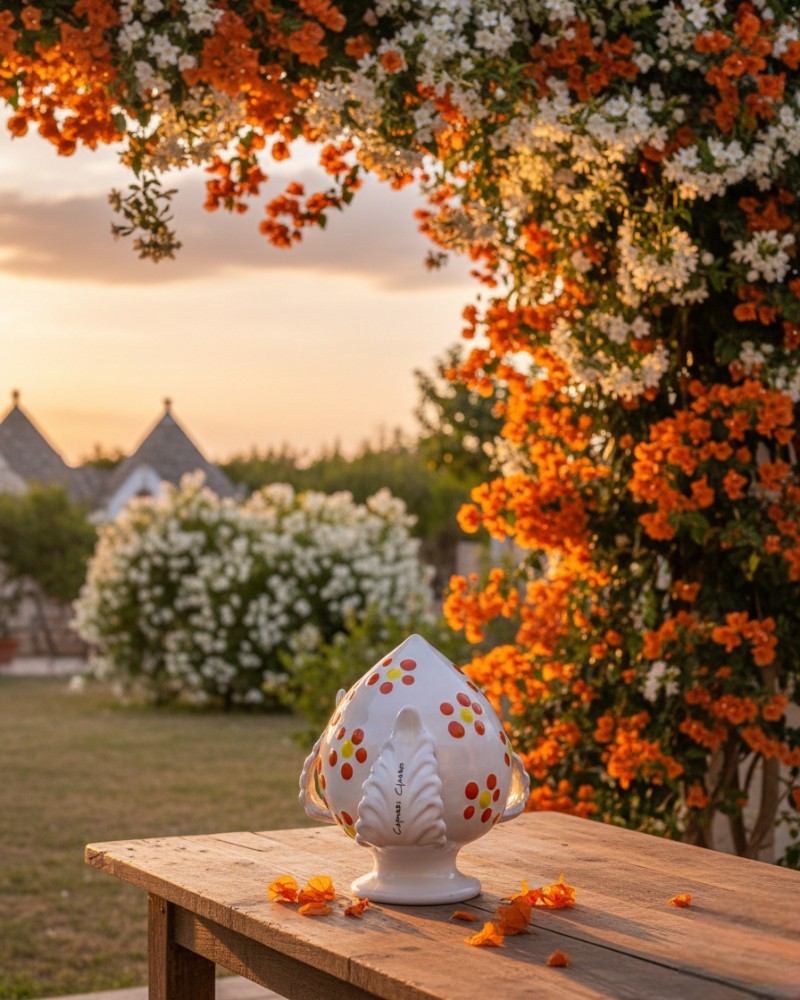 Bomboniera Pumo Poz Studio con decoro fiori arancio in ambientazione tipica pugliese al tramonto