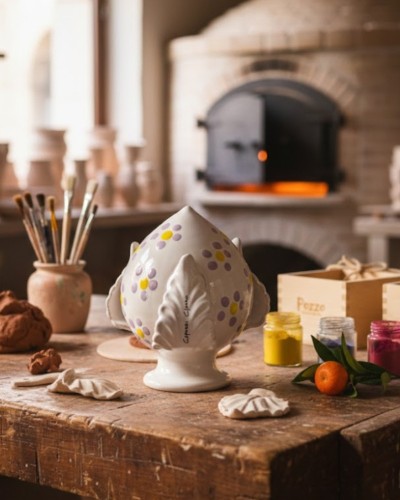 Pumo pugliese Poz Studio con fiori color glicine a rilievo in ambientazione artigianale