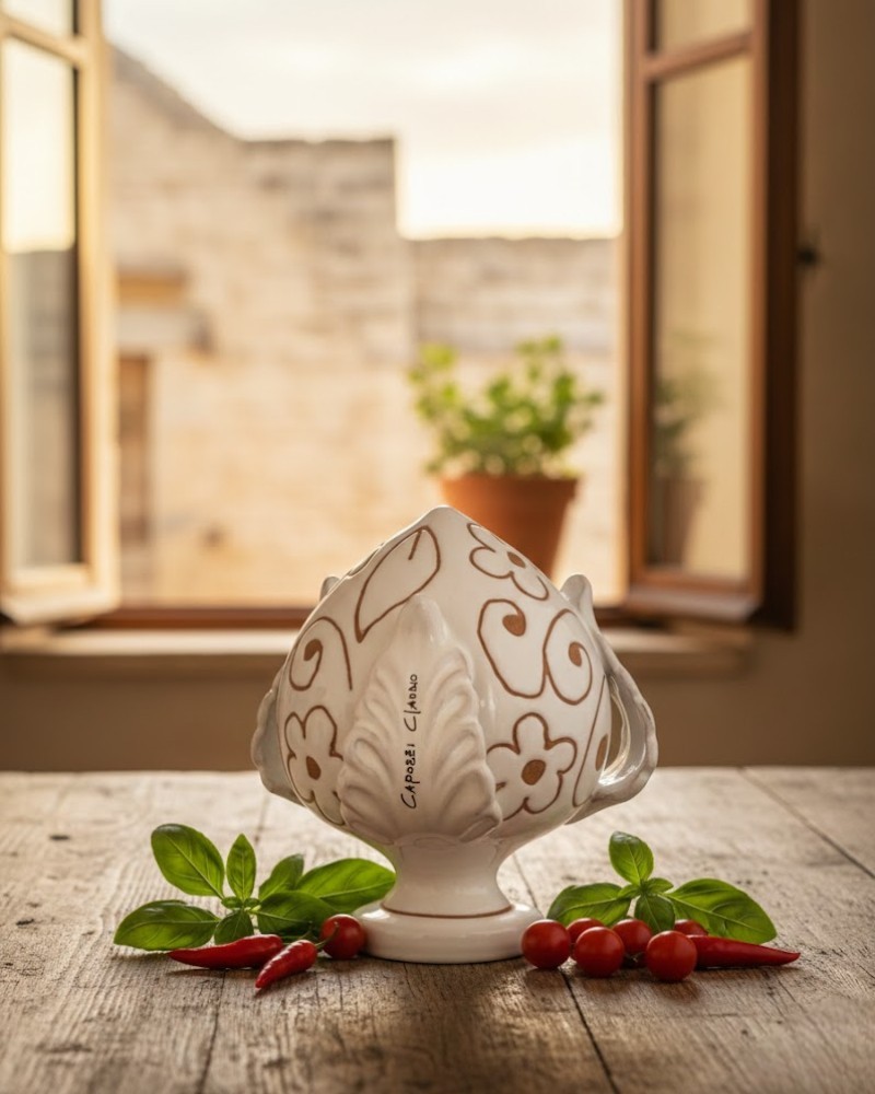 Pumo Poz Studio bianco con incisione fiori su tavolo in legno con peperoncini e pianta di basilico alla finestra