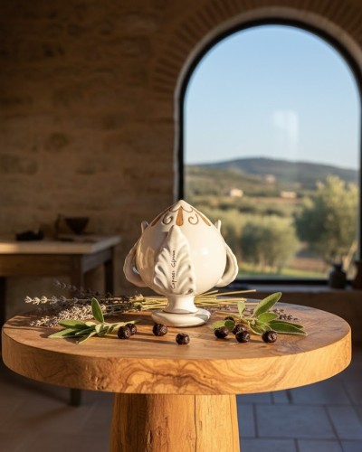 Pumo bianco Poz Studio inciso a goccia su tavolino in legno circondato da foglie d'ulivo pugliese
