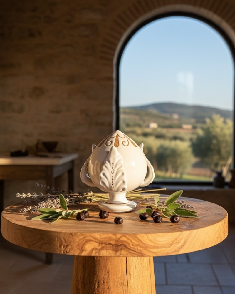 Pumo bianco Poz Studio inciso a goccia su tavolino in legno circondato da foglie d'ulivo pugliese