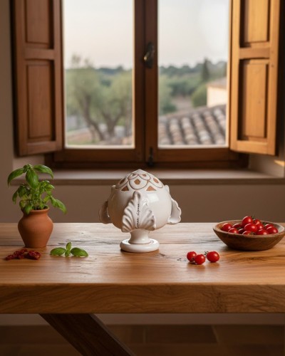 Pumo bianco Poz Studio incisione Pigna su tavolo in legno con basilico, pomodori e vista su paesaggio di ulivi pugliesi