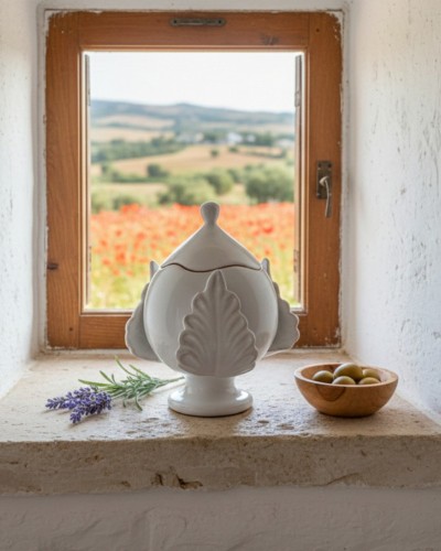 Pumo pugliese Poz Studio aperto con candela accesa e coperchio su tavolo in legno, con pomodori, olive e sfondo di uliveti.