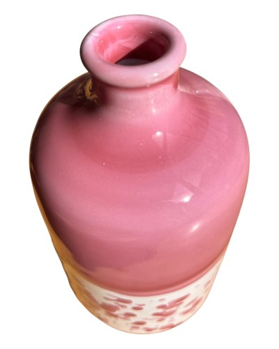 Oliera artigianale Madre Terra in ceramica schizzata rosa, pezzo unico da collezione Poz Studio Ceramiche Puglia