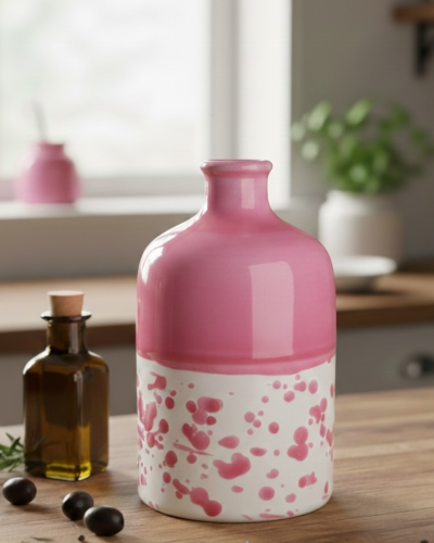 Oliera artigianale Madre Terra in ceramica schizzata rosa, pezzo unico da collezione Poz Studio Ceramiche Puglia