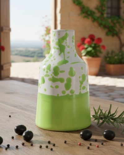 Oliera di design Poz Studio Oleum 120 su tavola pugliese con olive e rosmarino