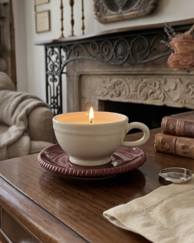 Oggetto da collezione in ceramica pugliese Poz Studio, candela profumata in tazza retrò ambientata in un interno tradizionale