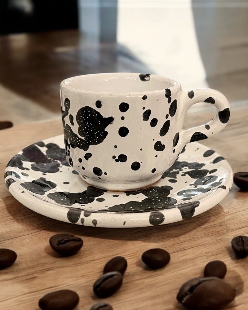 Servizio da Caffè Macchiato Nero Artigianale - Set 6 Tazze + Zuccheriera