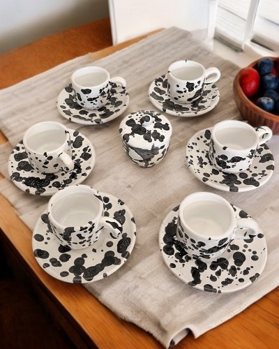 Servizio da Caffè Macchiato Nero Artigianale - Set 6 Tazze + Zuccheriera