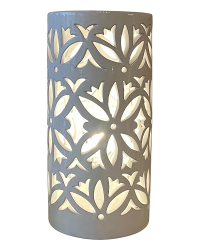 Lampada Cilindrica Artigianale in Ceramica Bianca Intagliata